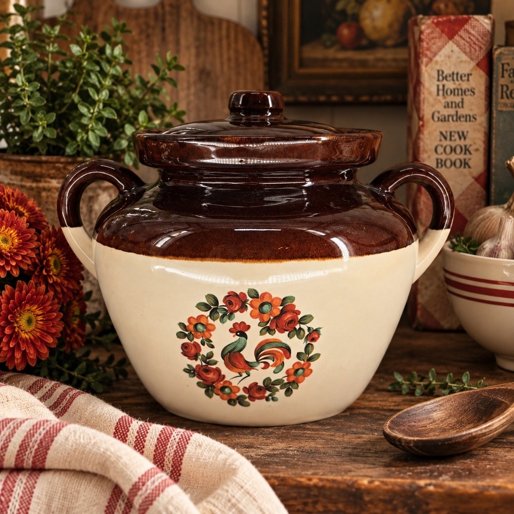 Vintage 1974 McCoy Yorkville Rooster Bean Pot Crock With Lid Folk Floral